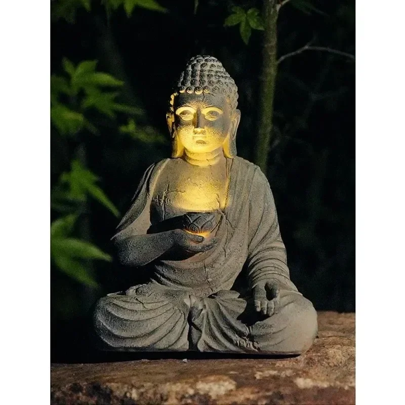 Outdoor Zen Lighting - ソーラー充電式LEDライト付き樹脂製仏像 2026年禅アジアン和風庭園装飾 屋外正面彫刻