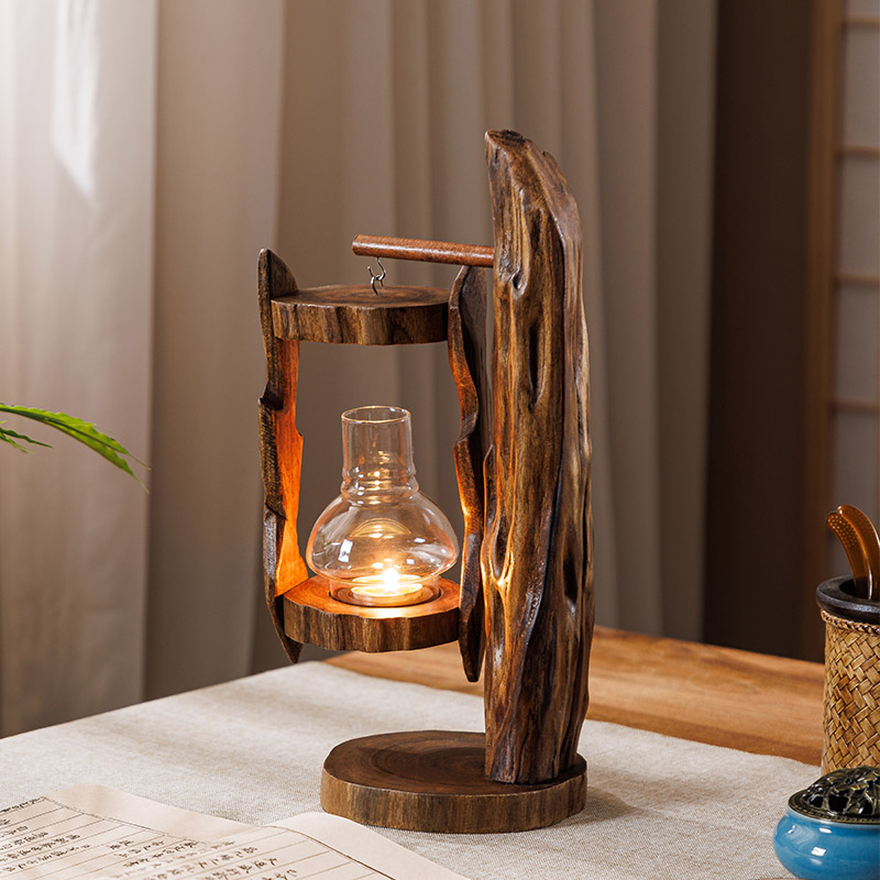 Outdoor Zen Lighting - レトロな東南アジアのログウインドランプ、防風ランタン、創造的な燭台、ガラスカバー、屋外の禅装飾