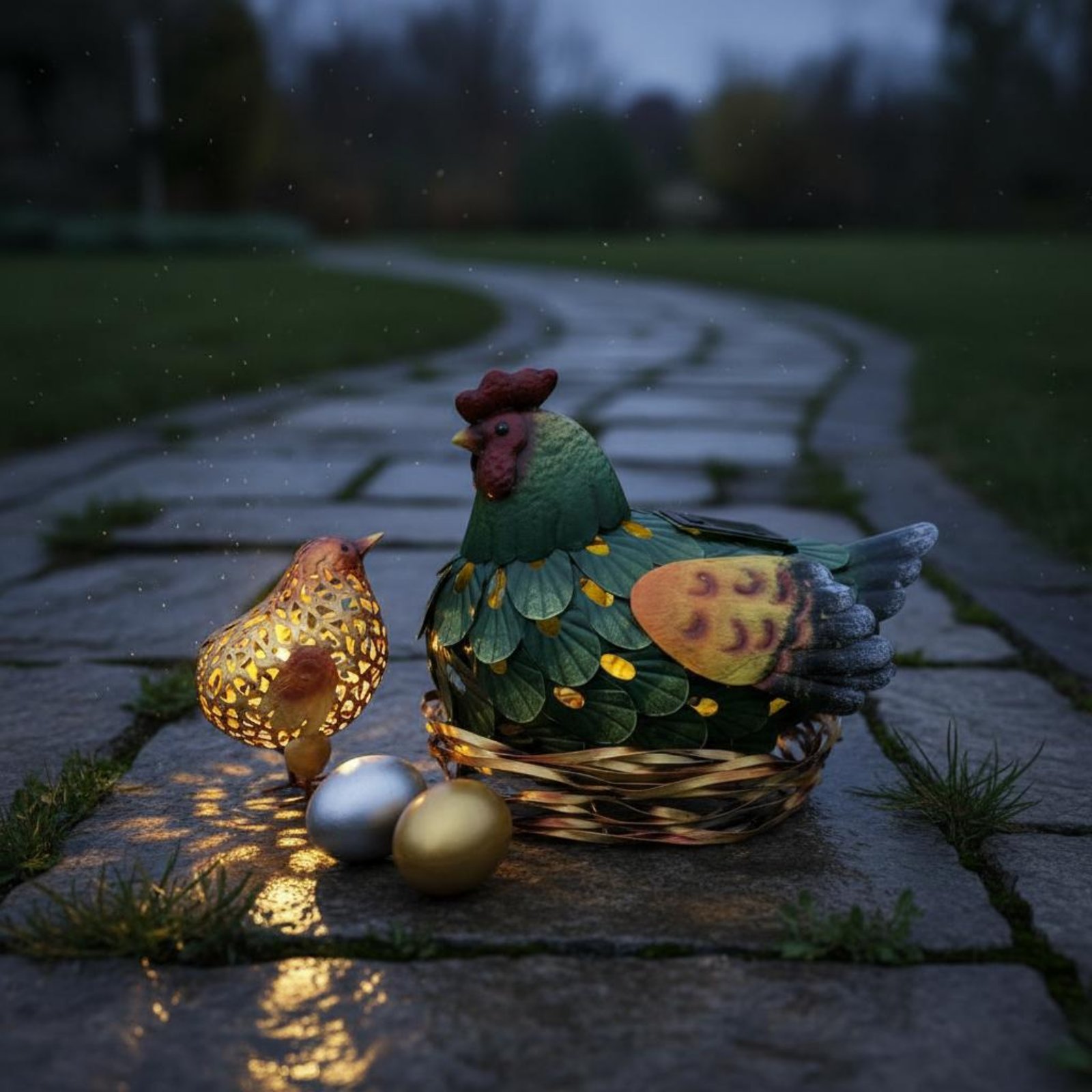 Outdoor Lighting Yard Decoration - ソーラーランタンチキン像 屋外装飾用鶏とひよこ像 照明付きチキンヤードデコレーション 耐候性 ガーデン用