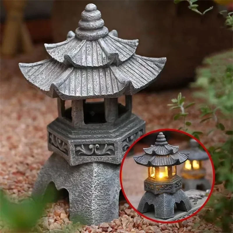Outdoor Zen Lighting - ソーラー式和風塔型ランタン 防水屋外ガーデンライト 禅スタイル 自動発光 パスウェイランプ 庭の装飾用
