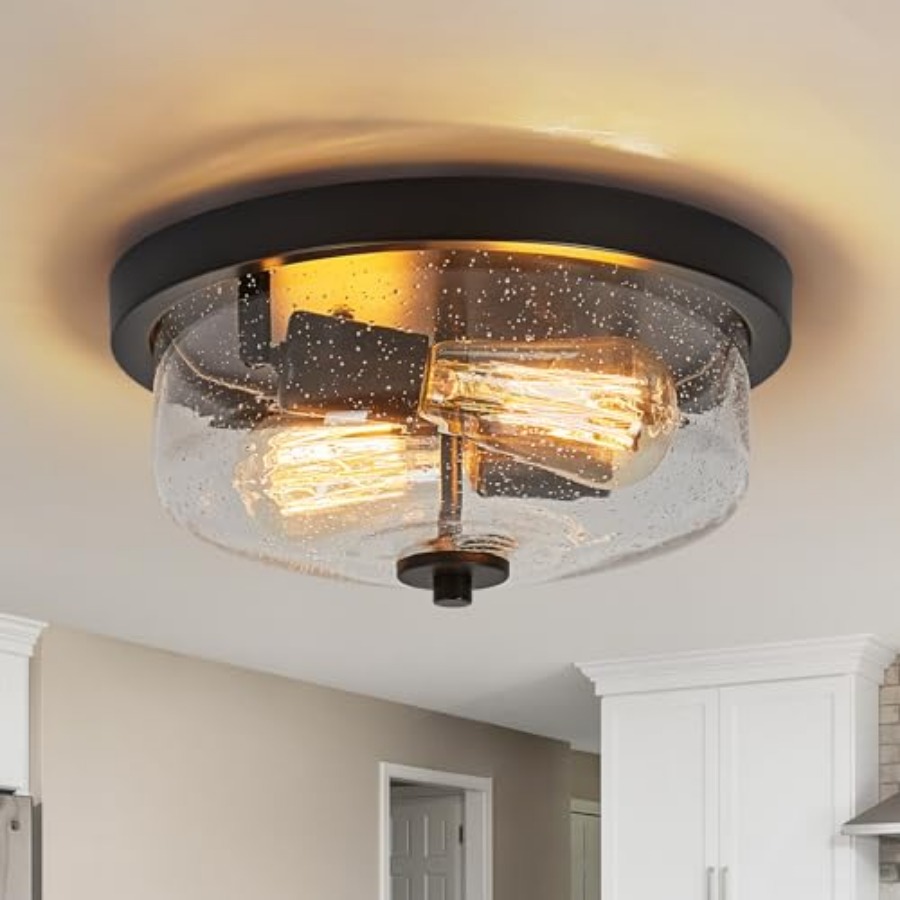 Outdoor Lighting Fixtures - フラッシュマウント天井照明器具、ファームハウス風屋外ポーチ照明器具、シードガラスシェード付き、キッチン、廊下、玄関用