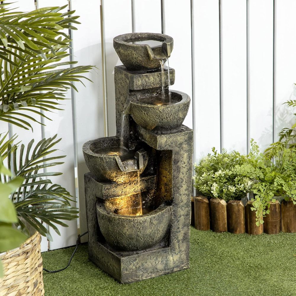Outdoor Zen Lighting - 4段石製ボウル滝、流れる水と調節可能な流量、LEDライト付き、禅庭や屋外スペースに最適、グレー