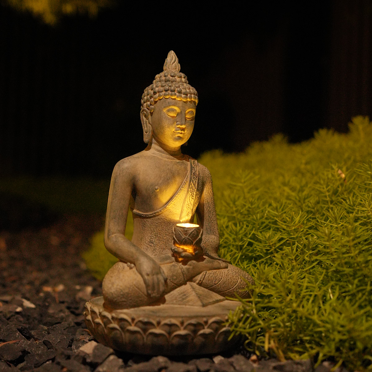 禅の精神にインスパイアされたソーラーライト付き仏像 - 樹脂 - Outdoor Zen Lighting のレビューと価格