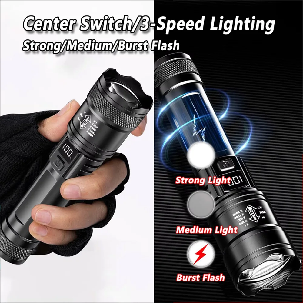 充電式 LED 懐中電灯 ズーム可能なトーチ LCD ディス - Outdoor Lighting Fixtures のレビューと価格
